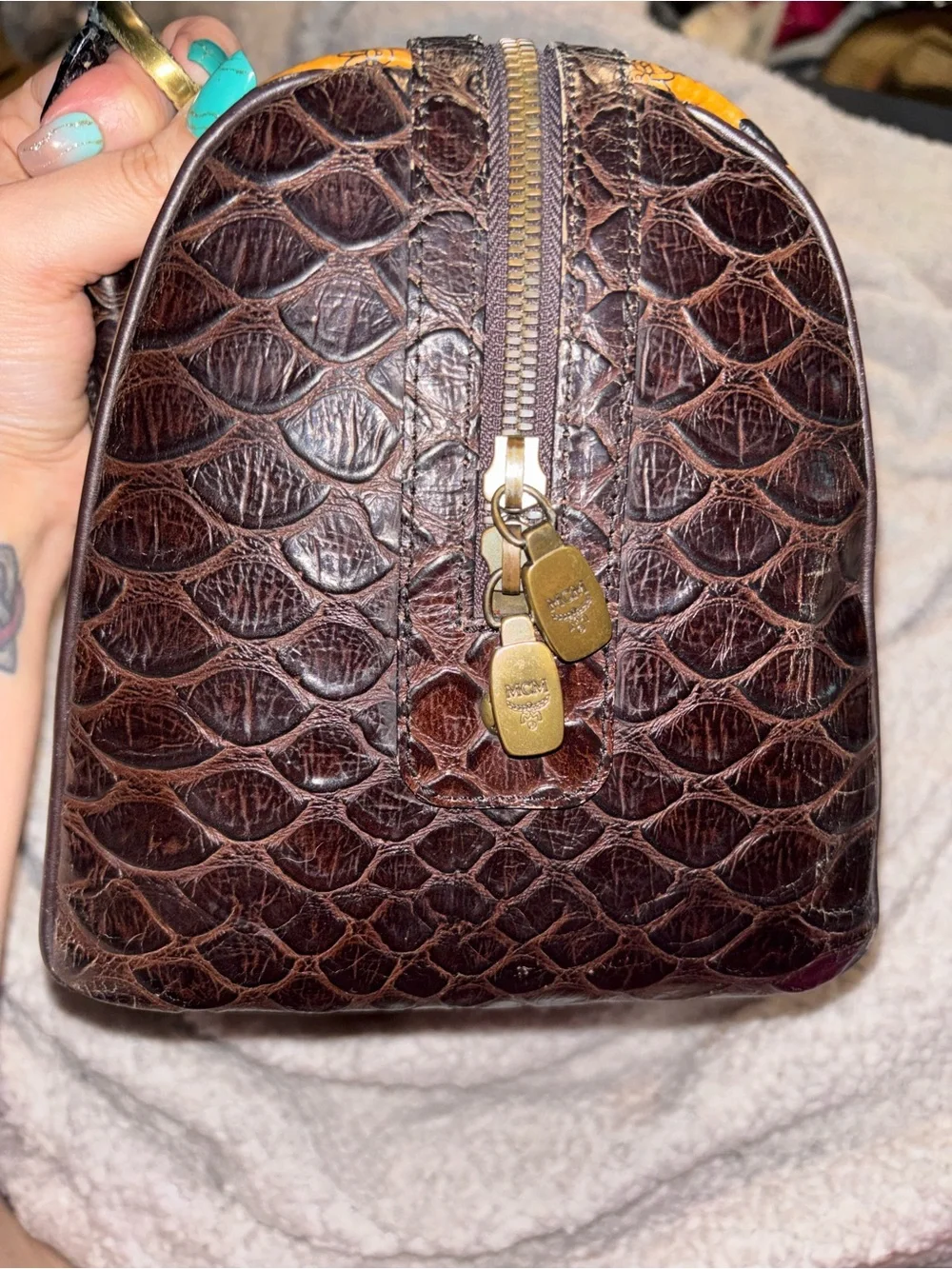 RARE MCM Cognac Visetos Large Boston, Dark Embossed Croc Brown Trim & Gold Chain